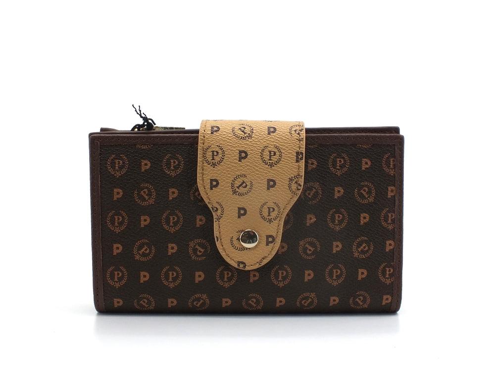 POLLINI Portafoglio Zip Clutch Loghi Printed Marrone Crema TE9015PP0DQ5330A - Sandrini Calzature e Abbigliamento
