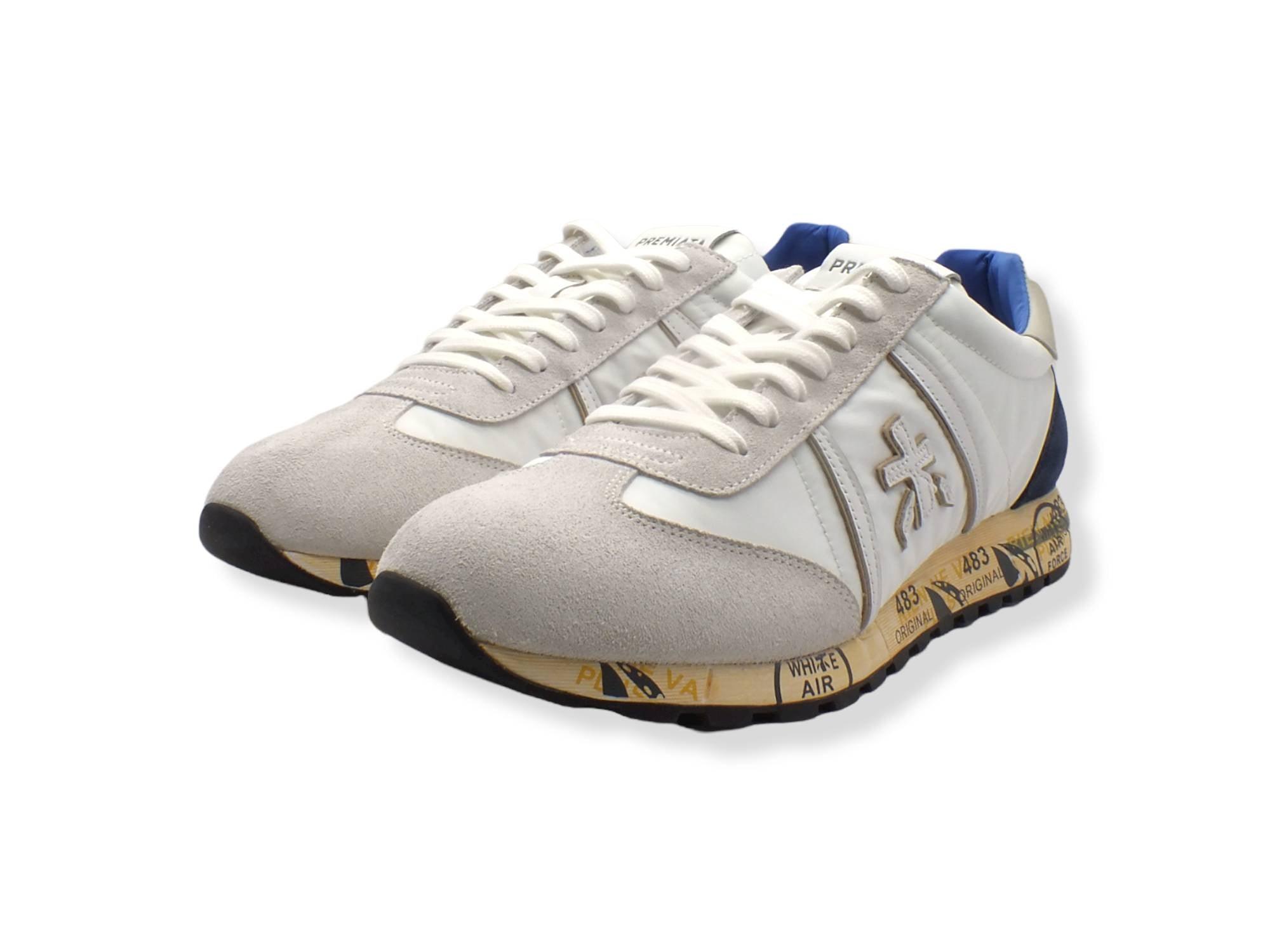 PREMIATA Running Suede Nylon Sneaker Uomo Cream White Blue LUCY5644 - Sandrini Calzature e Abbigliamento